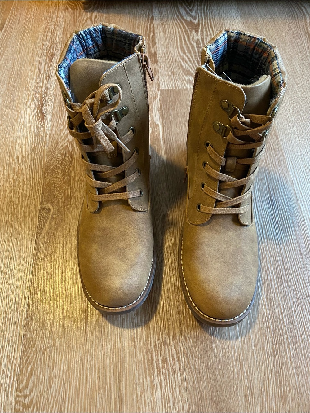 Crown Vintage Tan Lace-Up Combat Boots with Plaid Collar